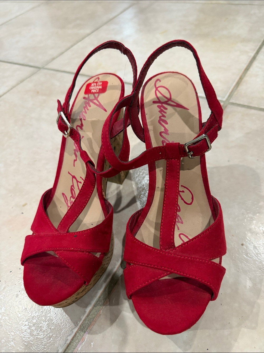 American rag Red Suede T-Strap Wedge Sandals size 7.5 @@@